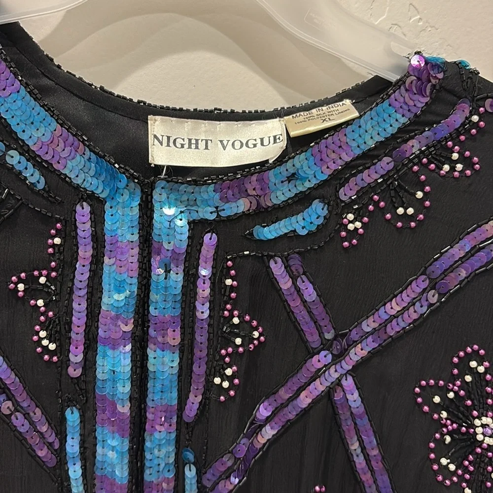VTG Night Vogue Jacket Women XL Silk Sequin Embroidered Black Teal Purple READ